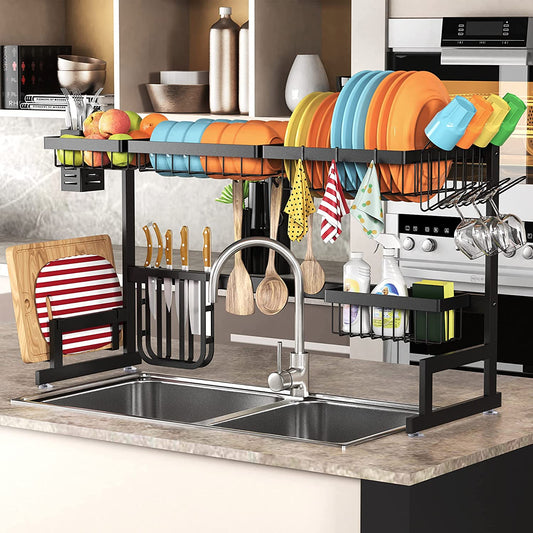 over Sink Dish Drying Rack Stainless Steel, Adjustable Large Dish Drainer for Storage Kitchen Organization Black 2 Tier - Standard(26"-38")